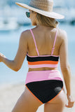 Black Spaghetti Straps Colorblock Ribbed High waisted swimsuits