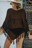 Black Crochet Hollow Out Fringe Batwing Sleeve Beach Cover Up