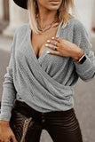 Grey Wrap Deep V-neck Casual Long Sleeve Knit Sweater - Kevous