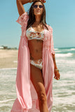 Pink Floral Mesh Lace Crochet Open Front Kimono