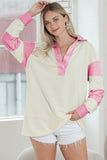 White Colorblock Striped Split Neck Collared Sweatshirt