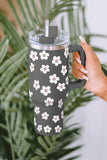 Dark Grey 60s Floral Print Stainless Tumbler With Lid And Straw