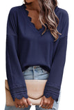 Blue Ribbed Texture Lace Trim V Neck Long Sleeve Top