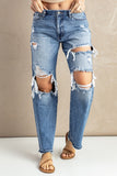 Sky Blue Distressed Holes Hollow-out Boyfriend Jeans