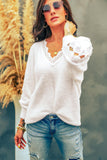 Lace Trim V Neck Pullover Mohair Sweater - Kevous