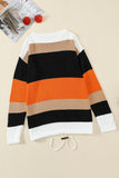 Multicolor Striped Hem Drawstring Pullover Colorblock Sweater - Kevous