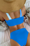 Sky Blue Ombre Color Block Tie Shoulder Bikini High Waist Swimsuit