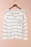 Casual Knit Long Sleeve Chest Pocket Striped Sweater - Kevous