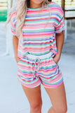 Multicolor Striped Roll-up Tee and Shorts Set