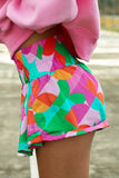 Green Abstract Print Smock Waist Casual Shorts