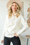 Beige Frill Trim Button Casual Knit Pullover Sweater - Kevous