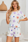 White Flower Print Short Sleeve High Waist Two Piece Shorts Set