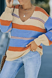 Colorblock V-neck Casual Knitted Pullover Sweater - Kevous