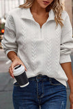 White Zip up Cable Textured Sweatshirt