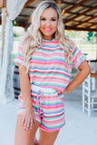 Multicolor Striped Roll-up Tee and Shorts Set