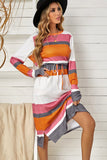 Multicolor Block Drawstring Waist Long Sleeve Midi Dress