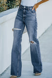 Light Blue Ripped Pockets High Waisted Straight Leg Jeans