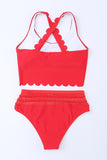 Red Scalloped Criss Cross High Waist Bikini