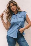 Sky Blue Turn-down Collar Buttoned Denim Top with Pockets