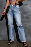 Light Blue Washed Ripped Raw Hem High Waisted Wide Leg Jeans