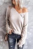 Pullover Fringe Hem V Neck Sweater - Kevous