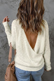 Beige Wrap Casual V Neck Backless Knit Sweater - Kevous