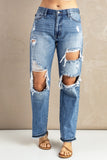 Sky Blue Distressed Holes Hollow-out Boyfriend Jeans