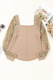 Light French Beige Floral Gauze Sleeve Patchwork Ribbed Knit Top