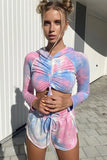 Multicolor Tie Dye Print Drawstring Crop Top and Shorts Active Set