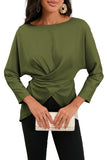 Green Lace-up Wrapped Split Hem Solid Long Sleeve Top