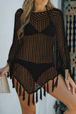 Black Crochet Hollow Out Fringe Batwing Sleeve Beach Cover Up