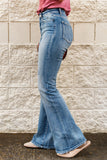 Sky Blue High Waist Ripped Raw Hemline Flare Jeans