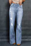 Sky Blue Dark Wash Mid Rise Flare Jeans