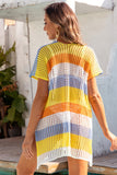 Yellow Striped Hollow Out Knit V Neck Tunic Cover Up