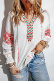 White Embroidered Patchwork V Neck Blouse