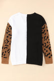 & Black Color Block Cheetah Print Sleeve V Neck Sweater - Kevous