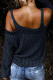 Navy Blue Cold Shoulder Long Sleeve Knit Sweater - Kevous