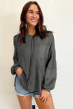 Gray Exposed Seam Patchwork Bubble Sleeve Waffle Knit Top