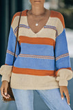 Colorblock V-neck Casual Knitted Pullover Sweater - Kevous