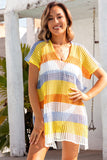 Yellow Striped Hollow Out Knit V Neck Tunic Cover Up