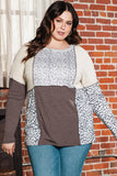 Brown Plus Size Leopard Waffle Ribbed Knit Patchwork Top