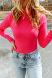 Rose Ribbed Knit High Neck Long Sleeve Top