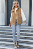 Khaki Snap Button Pocketed Sherpa Vest Jacket