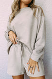 Gray Textured Long Sleeve Top and Drawstring Shorts Set