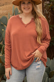 Gold Flame Plus Size Exposed Seam V Neck Long Sleeve Top