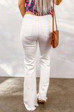 White Button Fly Raw Hem Flare Jeans