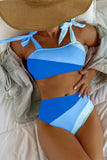 Sky Blue Ombre Color Block Tie Shoulder Bikini High Waist Swimsuit