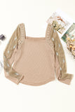 Light French Beige Floral Gauze Sleeve Patchwork Ribbed Knit Top