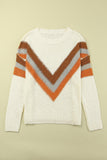 Beige Chevron Casual Drop Shoulder Knit Sweater - Kevous