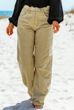 Khaki Buckle Back Decor Corduroy Wide Leg Pants